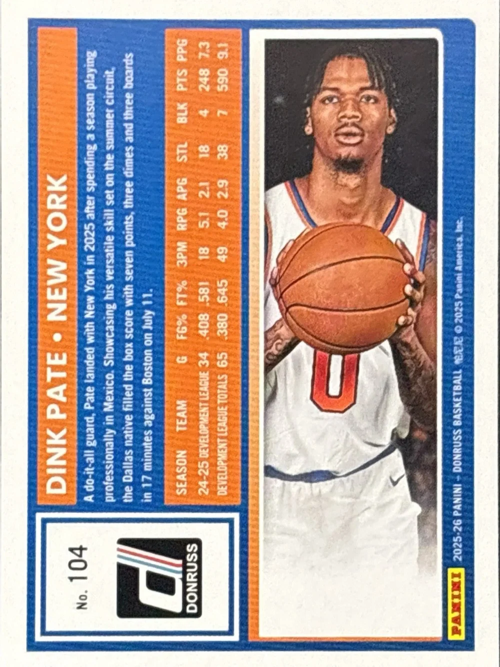 Panini Donruss Rated Rookie Trading Card - Dink Pate